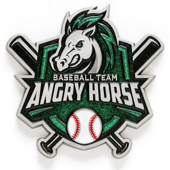Custom-made 'Angry Horse' baseball team enamel lapel pin with green glitter and silver plating.
